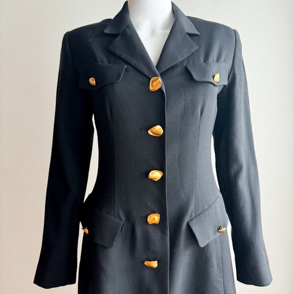 Vintage Holt Renfrew Pure New Wool Black Gold Button Office Dress 4 - Picture 6 of 6